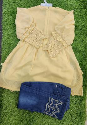 2 Pcs Girl's Blended Plain Shirt & Pants Set