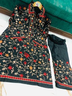 2 Pcs Women's Stitched Katan Silk Embroidered Shirt And Trouser