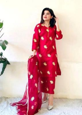 3 Pcs Women's Stitched Silk Embroidered Suit