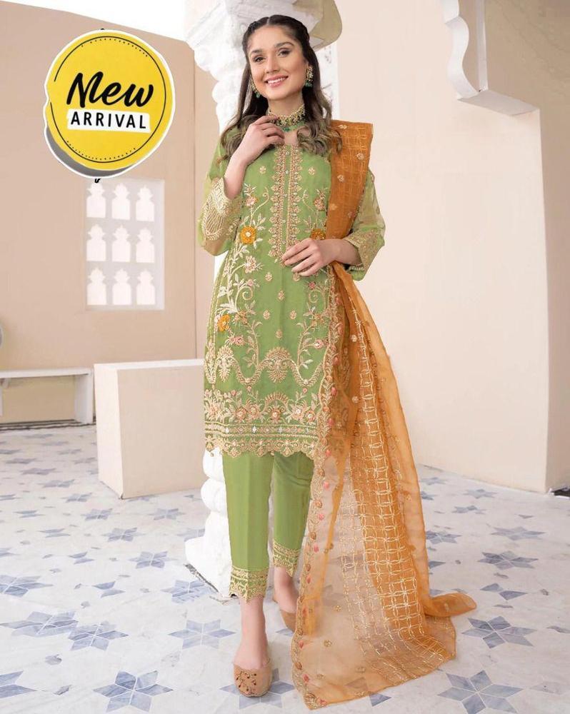 3 Pcs Women's Stitched Organza Embroidered Suit