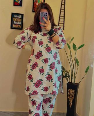 2 Pcs Women's Stitched Arabic Lawn Printed Shirt And Trouser