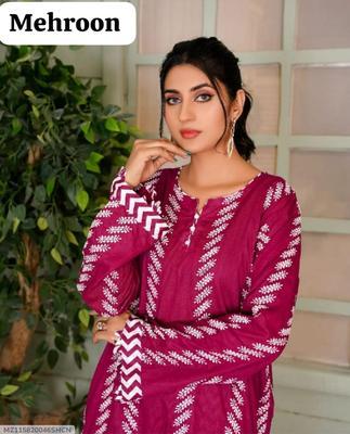 2 Pcs Women's Stitched Linen Block Printed Shirt And Trouser