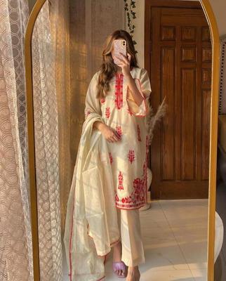 3 Pcs Women's Stitched Organza Embroidered Suit