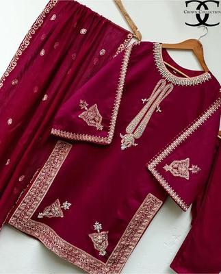 3 Pcs Women's Stitched Shamoz Silk Embroidered Shirt And Trouser