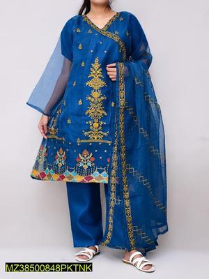 3 Pcs Women's Stitched Organza Embroidered Suit