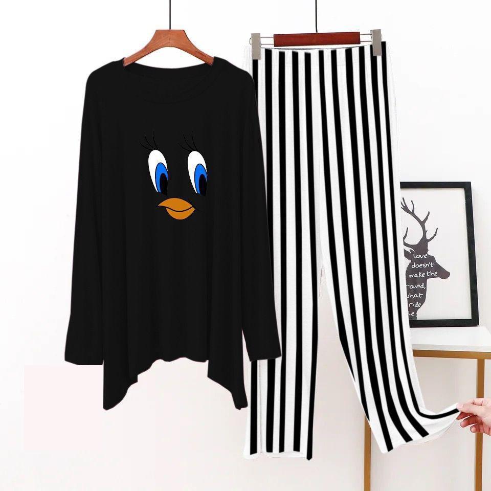 2 Pcs Women's Stitched Jersey Printed Sleepwear, Black Tweety