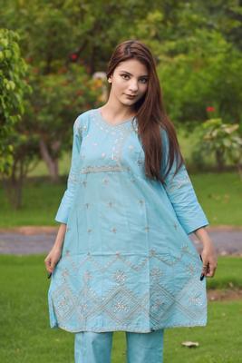 2 Pcs Women's Stitched Cotton Embroidered Frock & Trouser