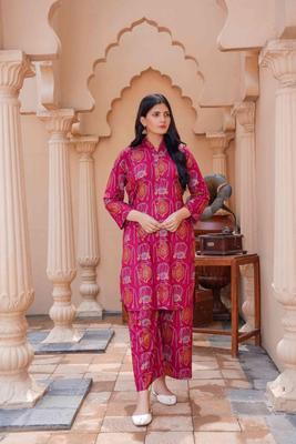 2 Pcs Women's Stitched Linen Block Printed Shirt And Trouser