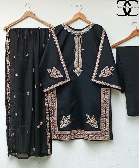 3 Pcs Women's Stitched Shamoz Silk Embroidered Shirt And Trouser