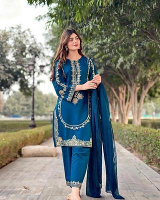 2 Pcs Women's Stitched Cotton Embroidered Shirt And Trouser