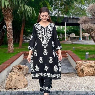 2 Pcs Women's Stitched Cotton Embroidered Shirt And Trouser