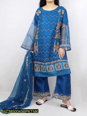 3 Pcs Women's Stitched Organza Embroidered Suit