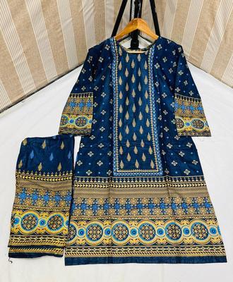 2 Pcs Women's Stitched Linen Printed Suit