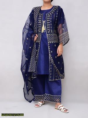 3 Pcs Women's Stitched Organza Embroidered Suit