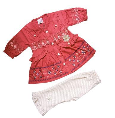 Baby Girl's Cotton Embroidered Frock And Trouser Set