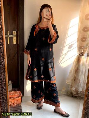 2 Pcs Women's Stitched Arabic Lawn Embroidered Shirt And Trouser