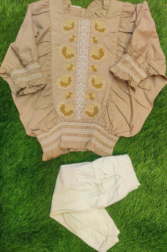 2 Pcs Girl's Cotton Lawn Plain Shirt And Trouser Set