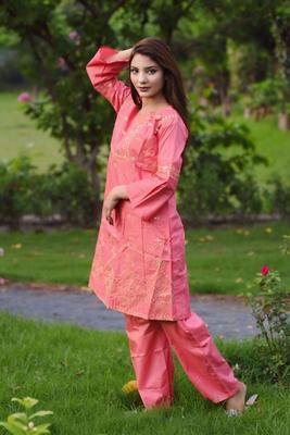 2 Pcs Women's Stitched Cotton Embroidered Shirt And Trouser