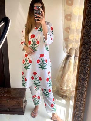 2 Pcs Women's Stitched Arabic Lawn Printed Shirt And Trouser