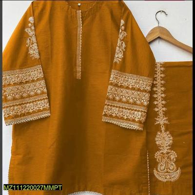 2 Pcs Women's Stitched Katan Silk Embroidered Shirt And Trouser