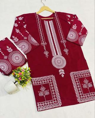 2 Pcs Women's Stitched Arabic Lawn Printed Suit