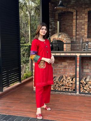 2 Pcs Women's Stitched Cotton Embroidered Shirt And Trouser