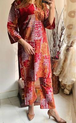 2 Pcs Women's Stitched Linen Block Printed Shirt And Trouser