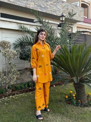 2 Pcs Women's Stitched Lawn Embroidered Shirt And Trouser