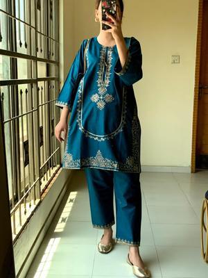 2 Pcs Women's Stitched Cotton Embroidered Shirt And Trouser