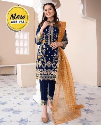 3 Pcs Women's Stitched Organza Embroidered Suit