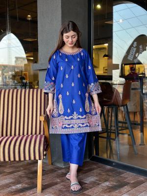 2 Pcs Women's Stitched Cotton Embroidered Shirt And Trouser