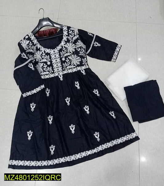 3 Pcs Womens Embroidered Linen Frock