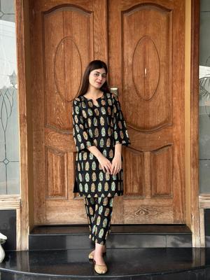 2 Pcs Women's Stitched Arabic Lawn Printed Shirt And Trouser - Black