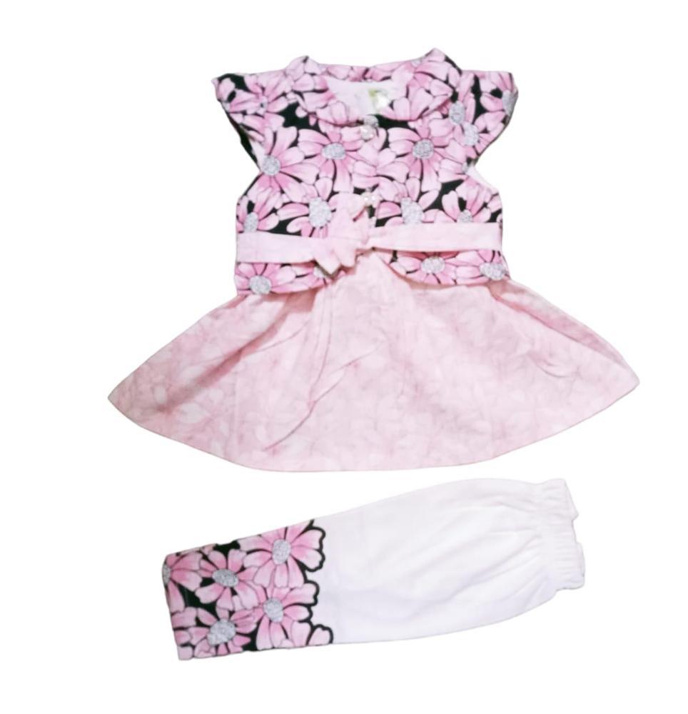 Baby Girl's Cotton Printed Frock And Trouser Set