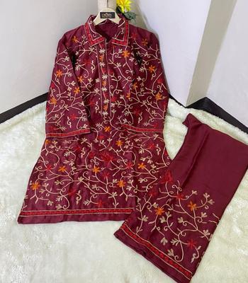 2 Pcs Women's Stitched Shamoz Silk Embroidered Shirt And Trouser