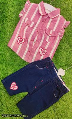 Baby Girl's Cotton Plain Shirt & Jeans Set