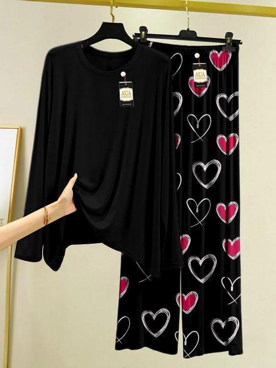 2 Pcs Women's Sleepwear With Heart Prinred Trouser