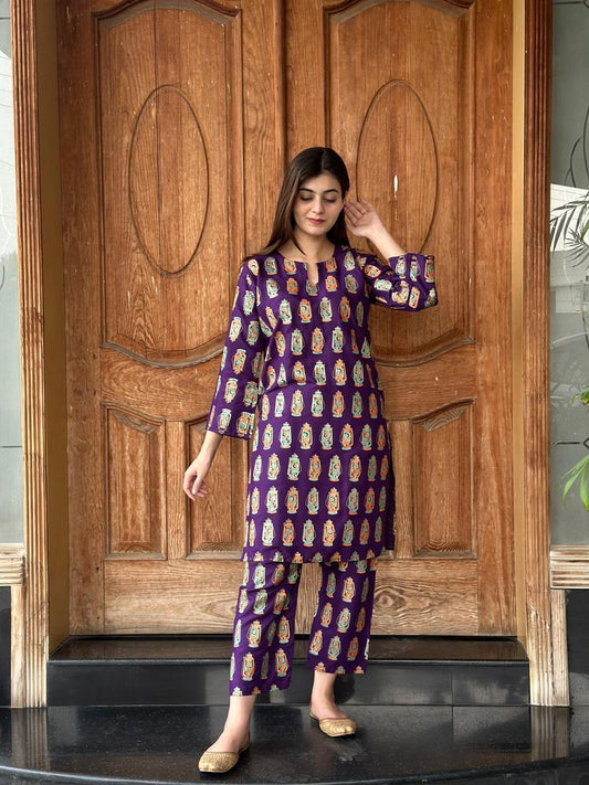 2 Pcs Women's Stitched Arabic Lawn Block Printed Shirt And Trouser