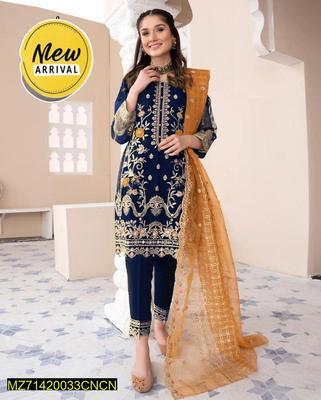 3 Pcs Women's Stitched Organza Embroidered Suit