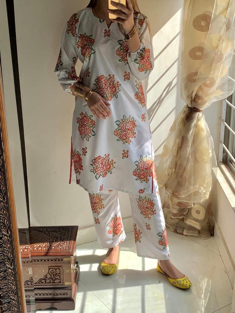 2 Pcs Women's Stitched Arabic Lawn Printed Shirt And Trouser