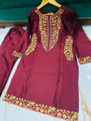 2 Pcs Women's Stitched Katan Silk Sequins Embroidered Kurta And Trouser