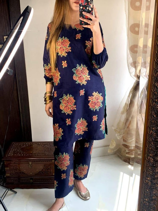 2 Pcs Women's Stitched Arabic Lawn Printed Shirt And Trouser