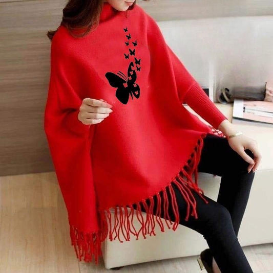 Women's Fleece Butterfly Printed Poncho Cape Shawl