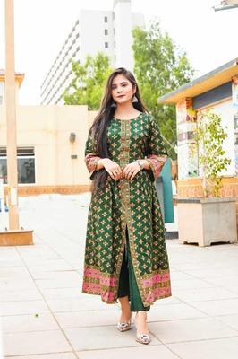 2 Pcs Women's Stitched Katan Silk Printed Suit