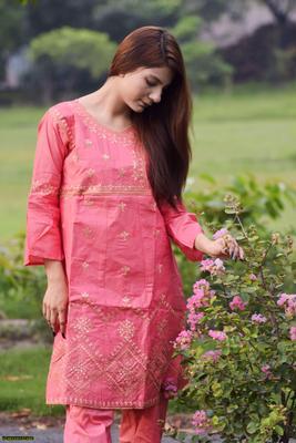 2 Pcs Women's Stitched Cotton Embroidered Shirt And Trouser