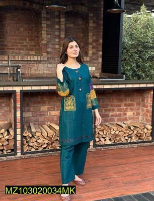 2 Pcs Women's Stitched Cotton Net Embroidered Shirt And Trouser