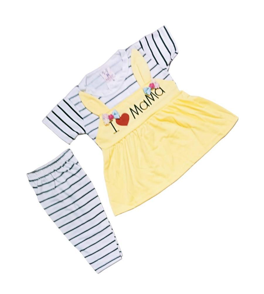 Baby Girl's Blended Printed Frock And Trouser Set