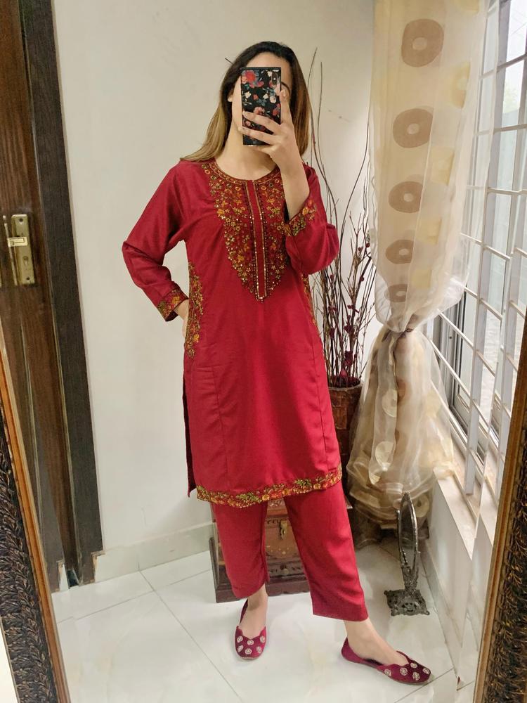 2 Pcs Women's Stitched Cotton Sequins Embroidered Shirt And Trouser