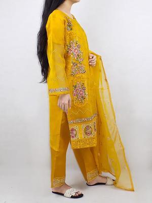 3 Pcs Women's Stitched Organza Embroidered Suit