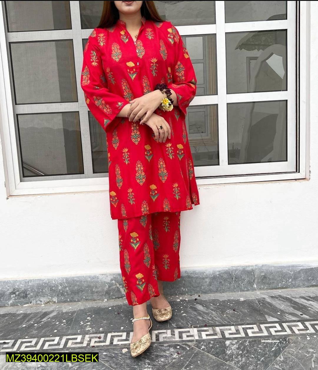 2 Pcs Women's Stitched Linen Printed Suit